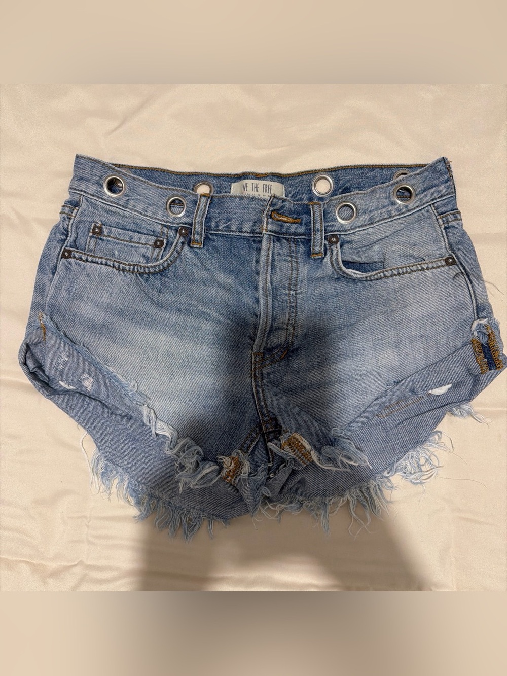 Free People Light Wash Distressed Jean Shorts with Grommet Waist